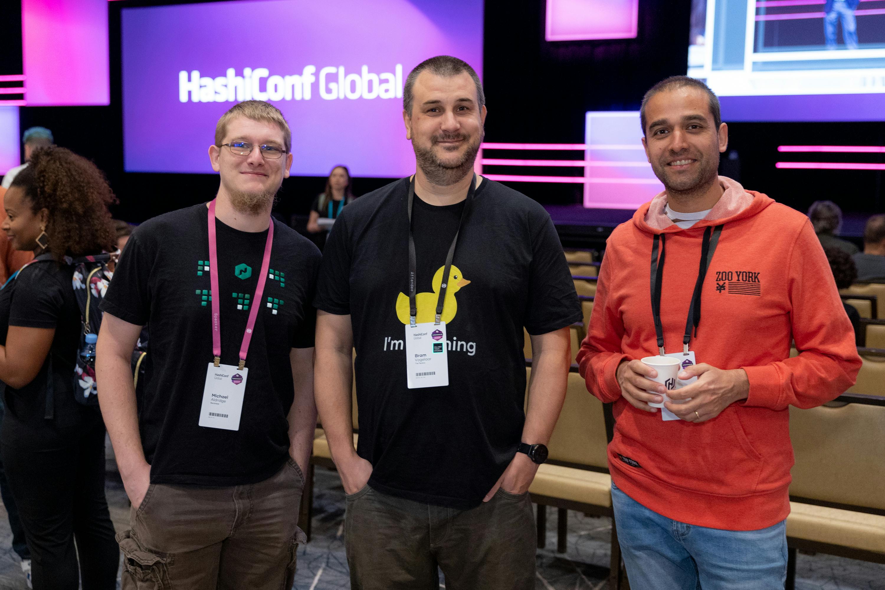 Michael Aldridge, Bram Vogelaar and Nico Singh at HashiConf Global